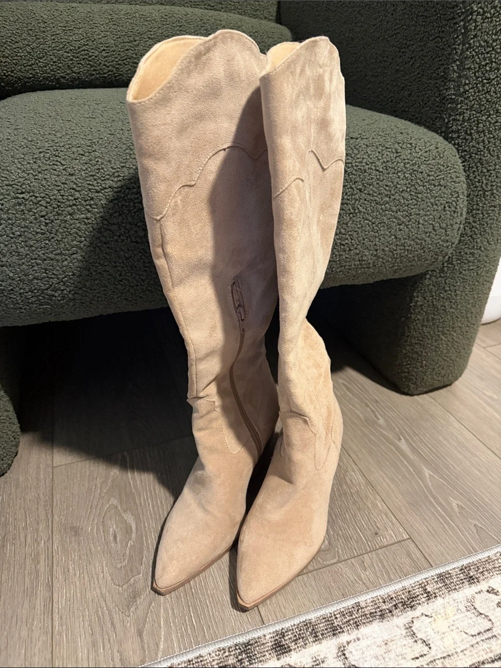 Over-the-Knee Suede Block Heel Boots - Light Beige